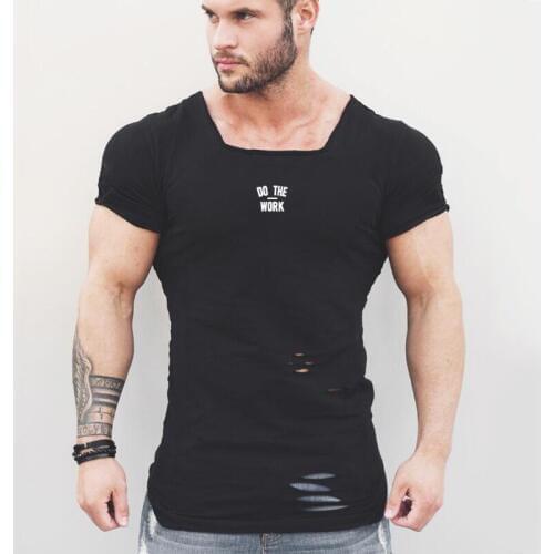 New Summer Fitness Clothing Compression T Shirt Men Ripped Hole T-shirts Mens Slim Fit Tees Mens Hip Hop Gyms Tight Tshirt
