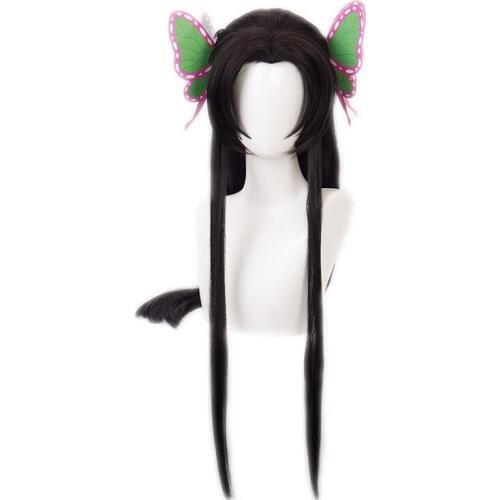 Blade of Demon Slayer Kochou Kanae Cosplay Wig Kimetsu no Yaiba Long Black Straight Weak Tip Synthetic Hair Wigs +2 Butterflies