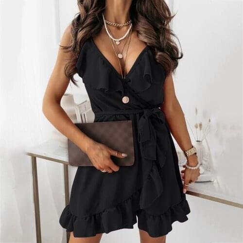 Summer Womens Black Dress Fashion V-neck Sleeveless Dresses for women Solid Color Condole Belt Irregular Dress Women vestidos