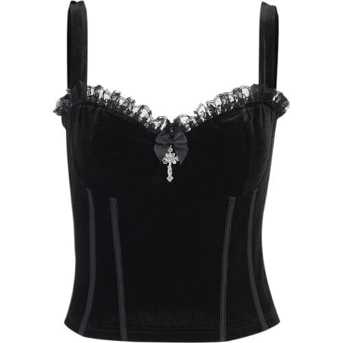 Ruibbit Vintage Lace Trim Black Camis Gothic Cross Sexy Backless Corset Tops Goth Aesthetic Velvet Bow Zipper Basic Crop Tops