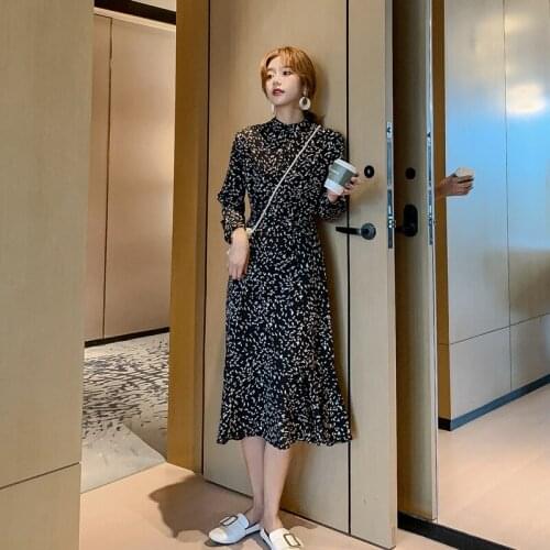 Korean Long Printed Chiffon chic Floral V-Neck High Waist Slim Long Sleeved Dress Vintage Women Casual dresses for new year2021