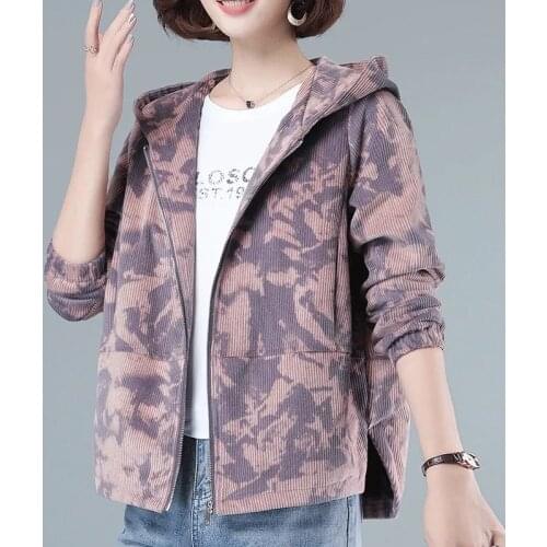 Zipper Corduroy Jacket Womens Long Sleeved Autumn 2021 Loose Middle Aged Mothers Short Hooded Windbreaker Mother Outcoat Print