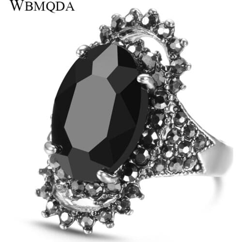 Wbmqda Top Quality Bohemian Black Stone Ring Silver Color Mosaic AAA Gray Crystal Big Oval Rings For Women Vintage Jewelry