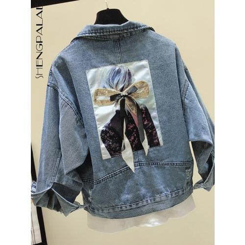 SHENGPALAE streetwear back character printed bow denim jacket womens srping autumn