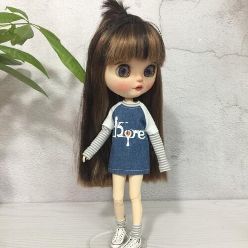 T02-X370 gift girl Blyth Doll clothes 30cm 1/6 dolls Azone Accessories clothes Stitching casual long T shirt Striped socks