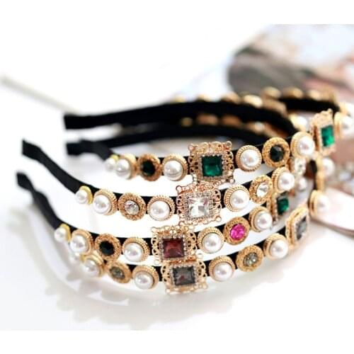 Baroque Vintage Full Jewelry Embellished Headband Women Banquet Prom Crown Hair Hoop Colored Alloy Imitation Diamond Headpiece