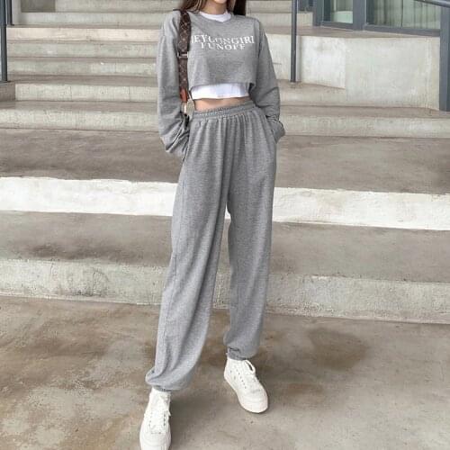 Sweatpants Women New Fashion Korean Solid Lace Up Stretch Waist Trousers Casual Loose Wide Leg Pants unsex boyfriend pants
