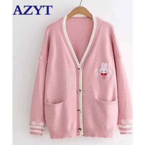 AZYT 2020 New Cartoon Embroidery Rabbit Knit Sweater Cardigan Korean Chic Loose Female Knitshirt V Neck Cardigan Jacket Women