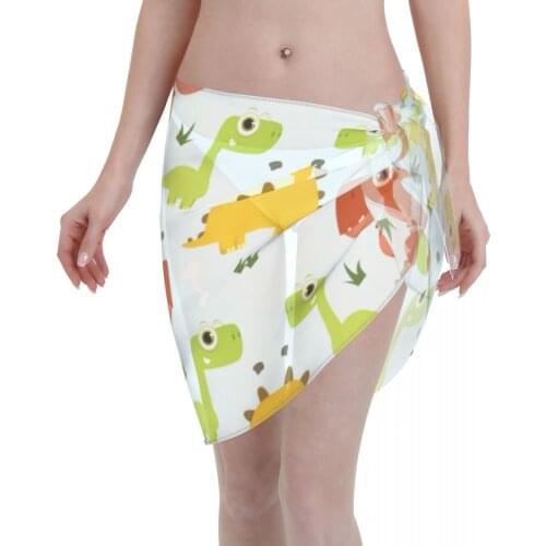 Women See-Through Beach Bikini Cover Up Wrap Scarf Swimwear Pareo Sarong Dress Colorful Cute Dinosaur Casual Beach Dress