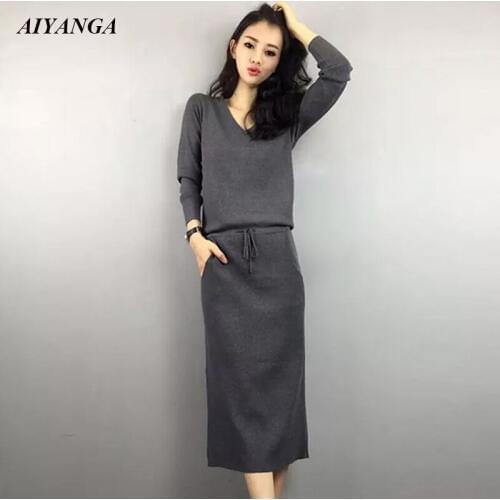 New Medium Long Knitted Dress Women 2018 Autumn Winter knitting Dress For Women Long Sleeve Casual Sweaters Dresses Female