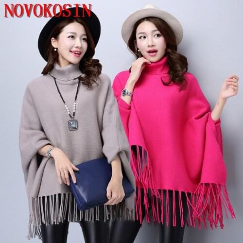 2018 Spring Tassel Black Red Poncho Autumn Knitted Long Bat Sleeves Korean Version Sweater Women High Neck Solid Pullovers