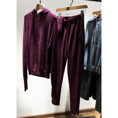 100%goat cashmere womens hooded sweatshirts drawstring pant 2pcs/set solid color EU/S-M-L