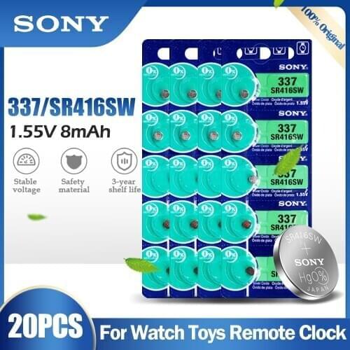 20PCS Sony Original 337 SR416SW SR416 LR416 V337 GP337 1.55V Silver Oxide Battery For Watch Hearing Aid Toys Button Cell Coin