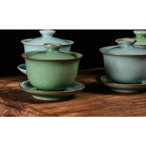200ml longquan celadon gaiwan crackle glaze tureen with lid covered bowl saucer Chinese ceramic porcelain cup bowl on sales