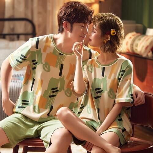 2020 Couple Pajamas Set Cartoon Summer Homewear Sleepwear Cotton Pyjamas Women Men Lovers Pajama Nightgowns Nightwear Plus Size