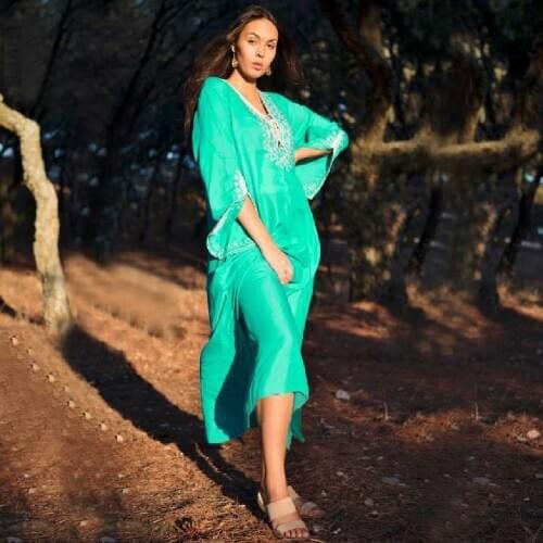 2021 Plus Size Blue Embroidered Summer Beachwear Bikini Kaftan Beach Woman Tunic Bath Dress Robe plage Swim Wear Cover Up #Q825