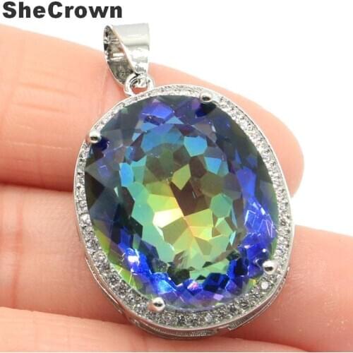 34x21mm Dazzling Big Jewelry Set Created Created Fire Rainbow Mystic Topaz CZ For Ladies Dating Silver Pendant Eye Catching