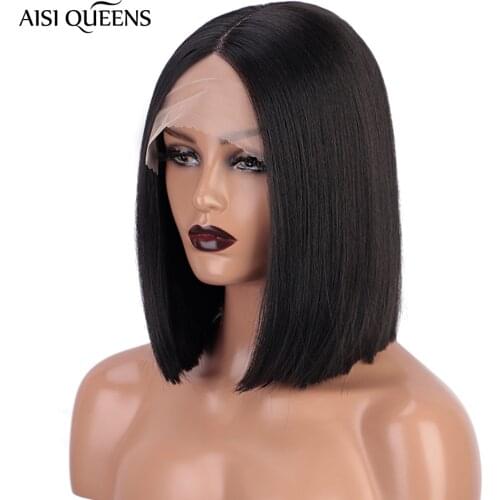 AISI QUEENS Lace Front Short Straight Black Wigs Synthetic Wigs for Women Blonde Brown Middle Part Hairline Hair