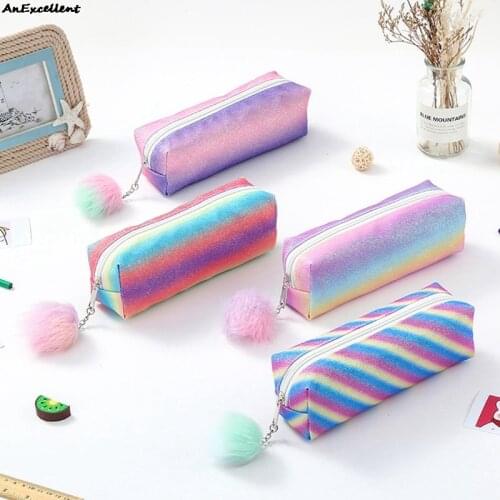 Cute Rainbow Glitter Pencil Case For Kids Child Girls Gift Canvas Pen Storage Pouch Cute Pencil Box Student School Stationery
