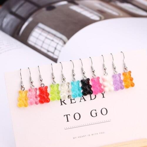 Colorful Cartoon Bear Earrings Creative Transparent Candy Color Dangle Earrings for Women Girls Student Jewelry Simple ResinStud