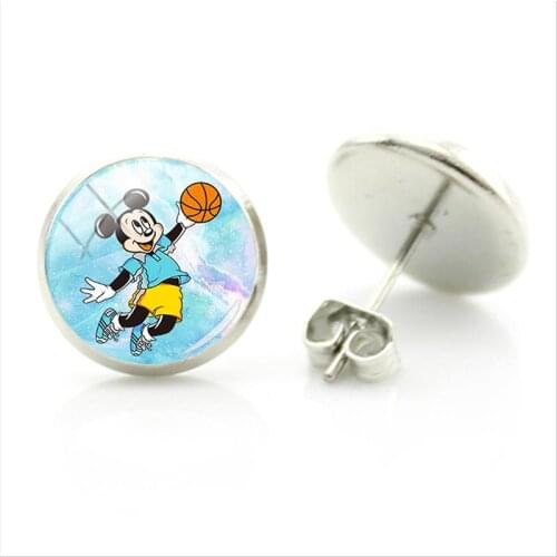 Disney Mickey Mouse Cartoon Earrings Basketball Painting Art Photos Handmade Dome Glass Earrings High-quality Earrings Ornaments