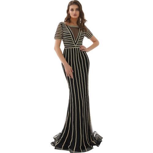 Elegant Tulle O-Neck Short Sleeve Striped Floor Length Mermaid Fishtail Party Dress Robe de soiree Vestido de noche 60301