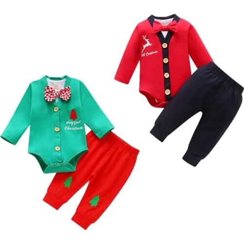FOCUSNORM Christmas Newborn Baby Boys Clothes Sets Gentleman Long Sleeve Romper Bowknot Cartoon Pants 3pcs