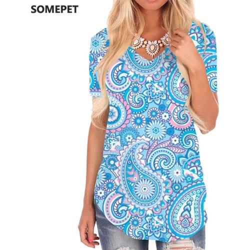 SOMEPET Flower T-shirt women Abstract Funny T shirts Psychedelic V-neck Tshirt Womens Clothing Summer Loose Plus Size