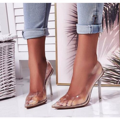 Jinsen Aite Women Sandals New Sexy PVC Clear High Thin Heels Party Wedding Shoes 42 Plus Size Cover Heel Slip-On Sandals JS817