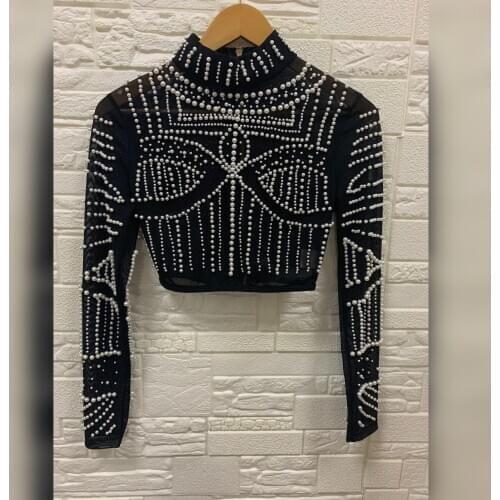 High Quality New Fashion Woman Black Nude Pearls Beading Diamond Two Pieces Set Sexy Woman Night Party Outfit Vintage vestios