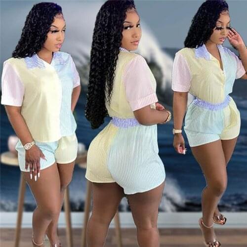 Thorn Tree Tracksuits Women 2 Piece Outfits Striped Short Sleeve Shirts Blouses Biker Shorts Sweatpants Casual Home Street Wear