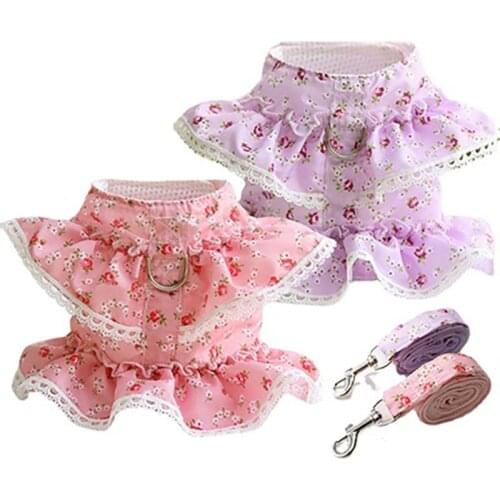 Lace Pets Harness Dog Leash Collar Floral Padded Dog Collars And Harnesses Leash Rope For Small Medium Puppy Cats Girl Princess