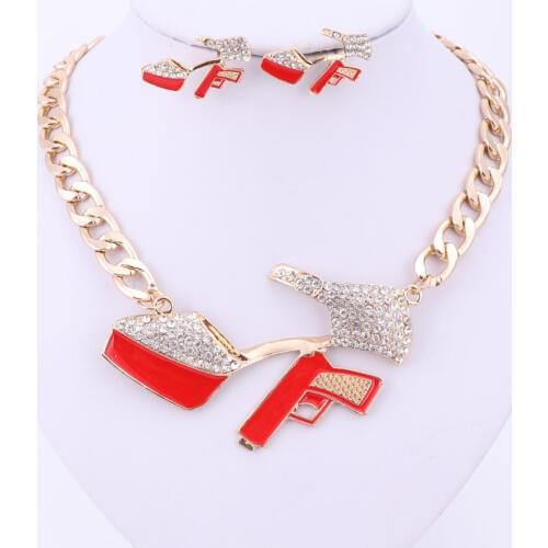 Hot Sale Hip Hop Golden Statement Red Enamel Crystal Pistol High-heeled Shoes Pendant Christmas Party Gift Necklace Earring