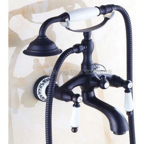 Wall Mounted Black Oil Antique Brass Bathroom Handheld Shower Heads Bathtub Faucet Set Ceramic Handles Mixer Taps Wtf532