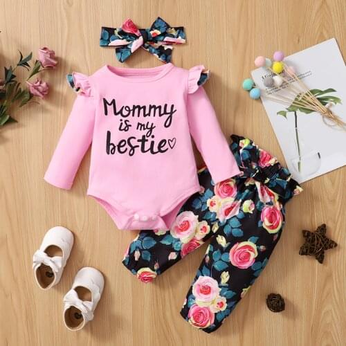 Newborn Baby Girl Clothes Infant Girl Clothes Baby Girl Outfit Pink Moonys Is My Bestie Print + Rose Pants Toddler Outfits
