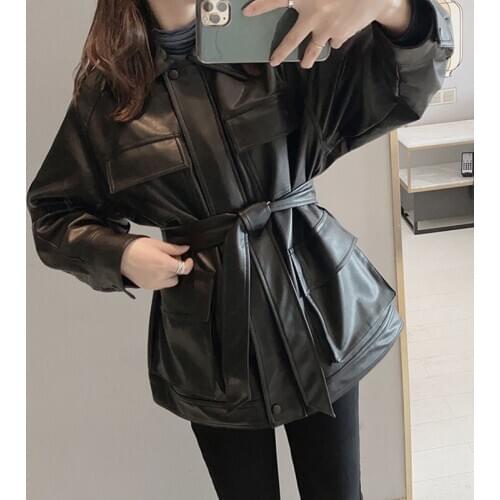 Autumn Loose Big pockets soft Faux PU Leather jacket Women Turn-down collar Long sleeve Plus size Biker Leather coat With belt