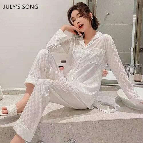 JULYS SONG Stain Silk 4 Pieces Pajamas Set Woman Pajamas Set Spring Summer Sleepwear Jacquard Long Sleeves Womens Home Clothes