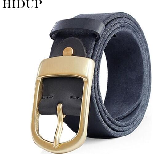 HIDUP Mens Design Top Quality Cowhide Leather Belt Real Brass Needle Buckle Metal Cow Skin Belts Jean Accessories for Men NWJ318
