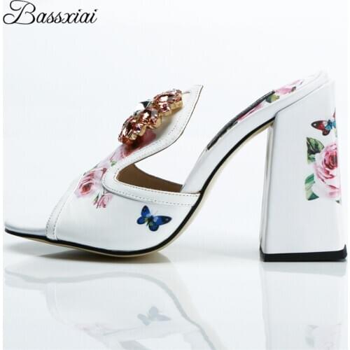 Square High Heels Women Print Butterfly-Flower Real Leather Open Toe Crystal Rhinestone Buckle Slingbacks Sandals For Girls
