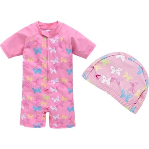 Kavkas Swimming For Baby Girls Summer Cartoon Butterfly Printing One Piece Swimsuit Bathing Cap Suit купальник закрытый