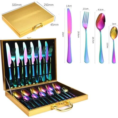 24pcs/Set Stainless Steel Dinnerware Rainbow Knife Fork Spoon Western Cutlery Set kitchen Tableware Wooden Gift Box