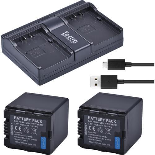 Tectra 2PCS VW-VBN260 Li-ion Battery + USB Dual Channel Charger for Panasonic HC-X800 HC-X900 HC-X900M HC-X910 HC-X920 HC-X920M
