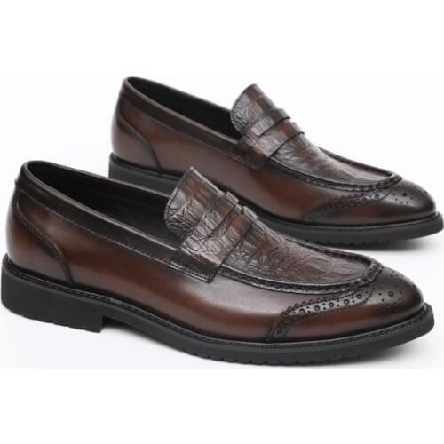 Luxury Brand Loafers Men Autumn Crocodile Pattern British Genuine Leather Shoes Vintage Pointed Toe Party Brown Dress Shoes Male