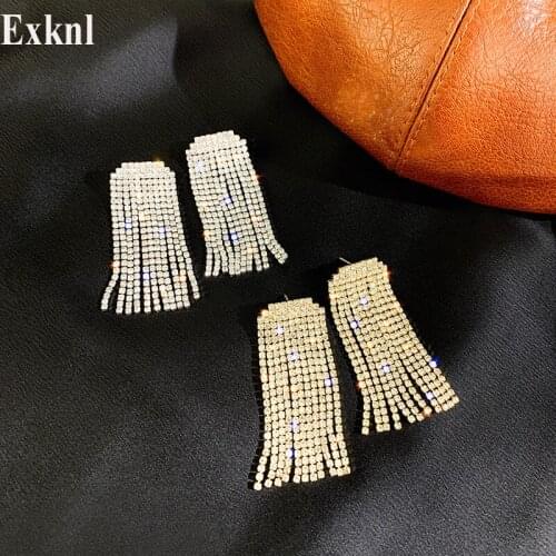 Exknl Full Rhinestone Drop Earrings for Women Gold Silver Color Long Tassel Dangle Earrings Statement Earrings Bar Party Jewelry