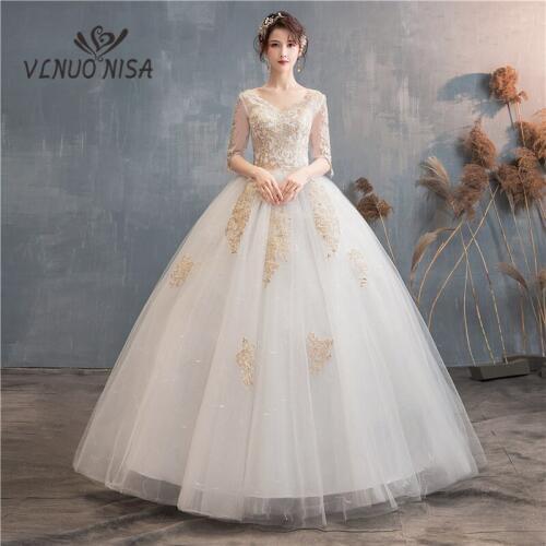 VLNUO NISA Champagne Lace Wedding Dress Classic Embroidery V-Neck Half Sleeve Princess Bride Dress Plus Size Robe De Mariee 30
