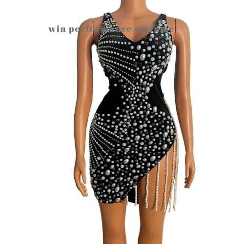 Pearl Fringe Black Irregular hem Backless Dress Womenclub Singer Costume Slim Sleeveless Sexy Party Dress Evening Host Wear