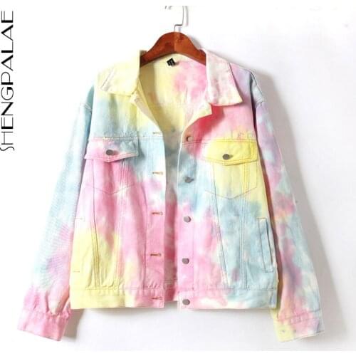 SHENGPALAE Gradient Color Denim Jacket Womens Spring Autumn 2021 Lapel Harajuku Large Size Long Sleeve Streetwear Coat 5C606H