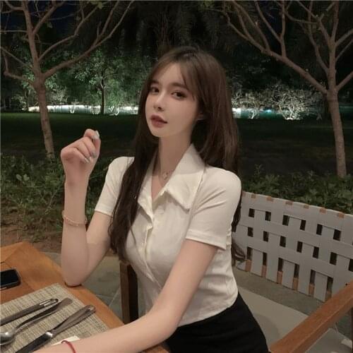 Summer Short lapel Tight Women T-shirt Short Sleeve Female Slim Sexy Cardigan Tshirt Tops women sexy tops