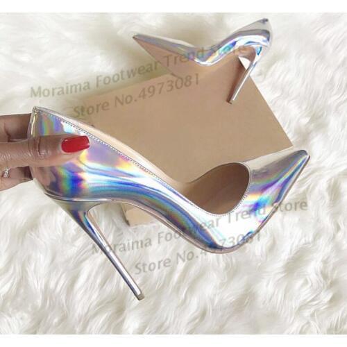 Moraima Snc Women Pumps Silver leather stiletto High Heels 12cm Sexy Pointed Toe Slip-on Wedding Dress Shoes For Lady Size 43