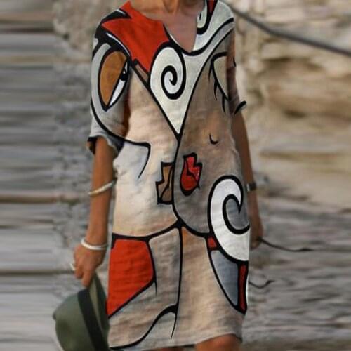 Vintage Geometry Print Dress Women 2021 Summer Elegant V-Neck Half Sleeves Knee Length Dresses Female Casual Loose Vestidos